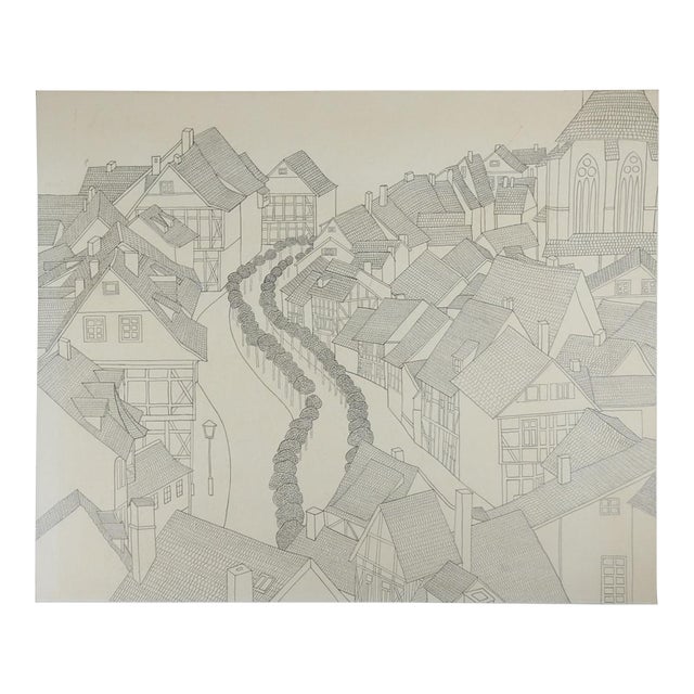 Vintage Cityscape Pen and Ink Drawing For Sale