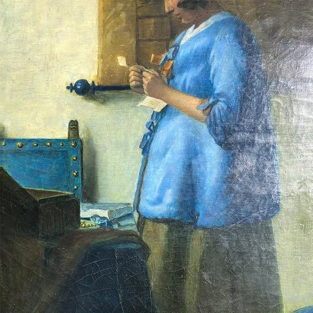 20th Century Antique Vermeer the Woman in Blue Oil on Canvas Portrait Painting in Gilt Frame For Sale - Image 4 of 8