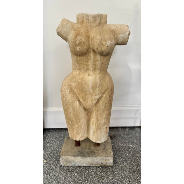 Beige 1970s Monumental 25” Cycladic Style Carved Stone Torso Sculpture on Brutalist Concrete Base For Sale - Image 8 of 8