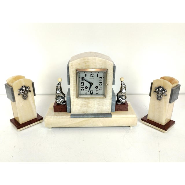 French Art Deco Marble & Onyx Mantel Clock, 1930s, Set of 3 For Sale - Image 16 of 18