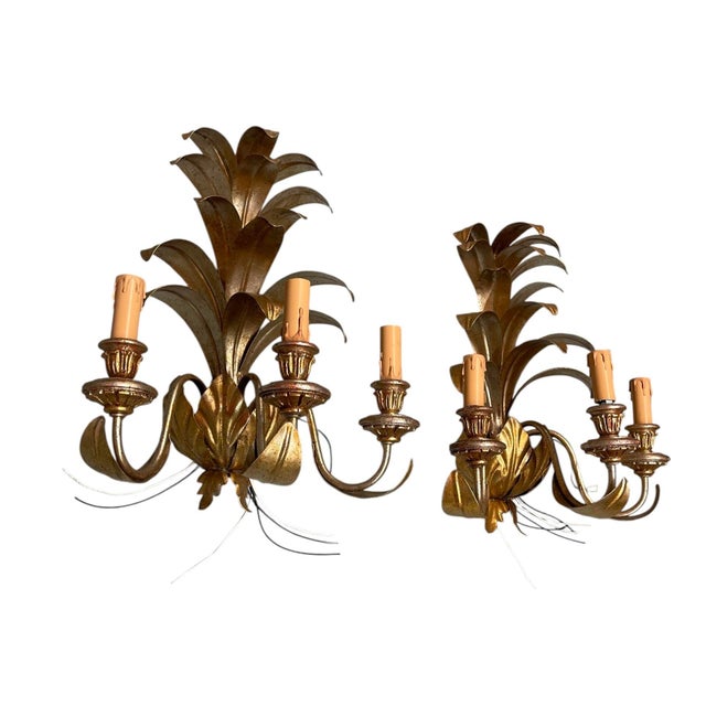 Elevate your interior with this sophisticated pair of vintage wall sconces, masterfully crafted in the form of elegant...