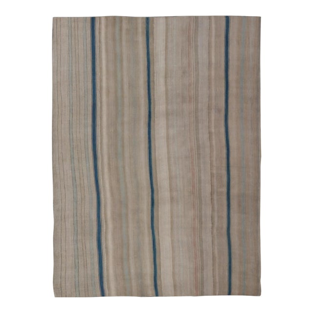 Vintage Turkish Kilim Rug With Soft Beige and Blue Stripes For Sale