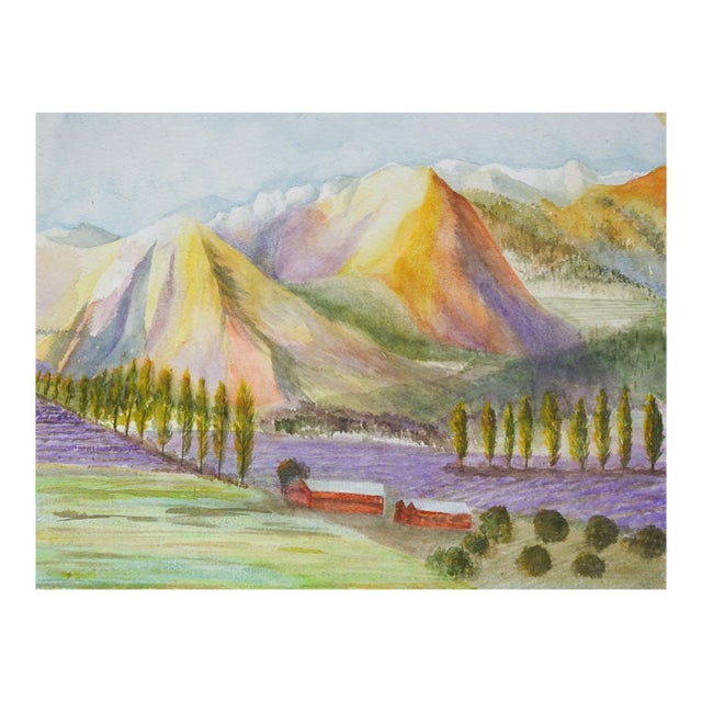 Late 20th Century Mountain Valley Lavender Farm Watercolor Painting For Sale