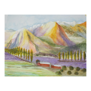 Late 20th Century Mountain Valley Lavender Farm Watercolor Painting