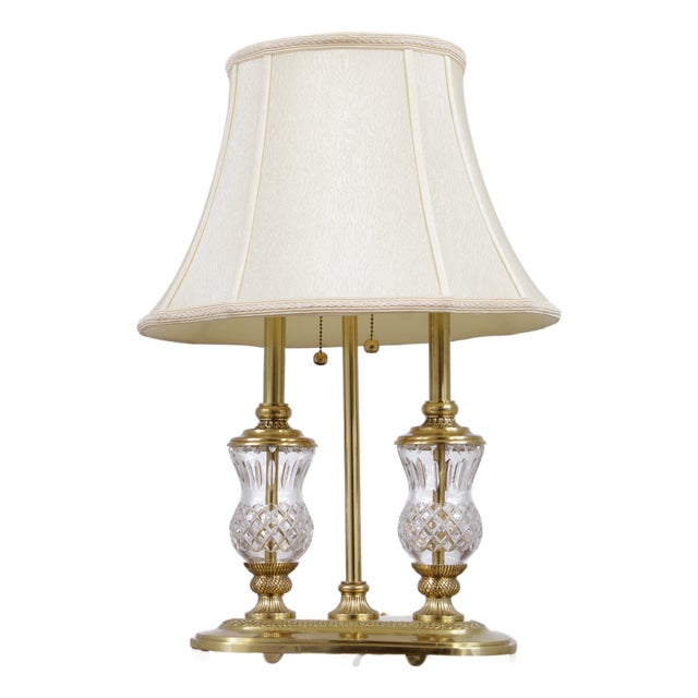 1980s Waterford Brass & Crystal 2 Light Desk Lamp For Sale