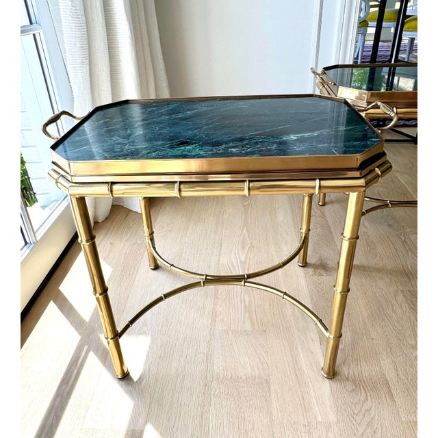 1970s Vintage Pair of Italian Hollywood Regency Faux Bamboo Brass & Verde Marble Butler’s Tray Tables For Sale - Image 5 of 10