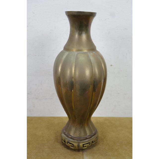 Metal Large Mid Century Chinese Chinoiserie Brass Greek Key Mantel Vase Urn 16" For Sale - Image 7 of 13