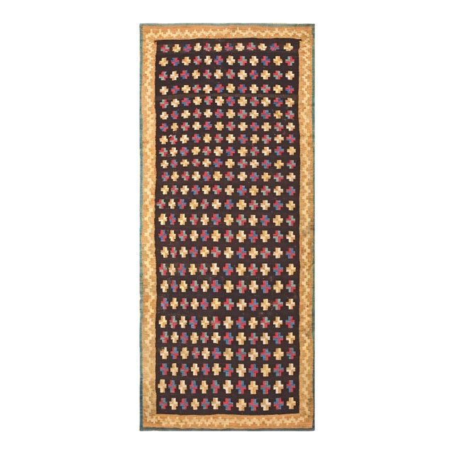 1890s Brown Geoemtric Kilim Antique European Besserabian Rug 4'2" X 9'9" Knotted Wool Carpet For Sale