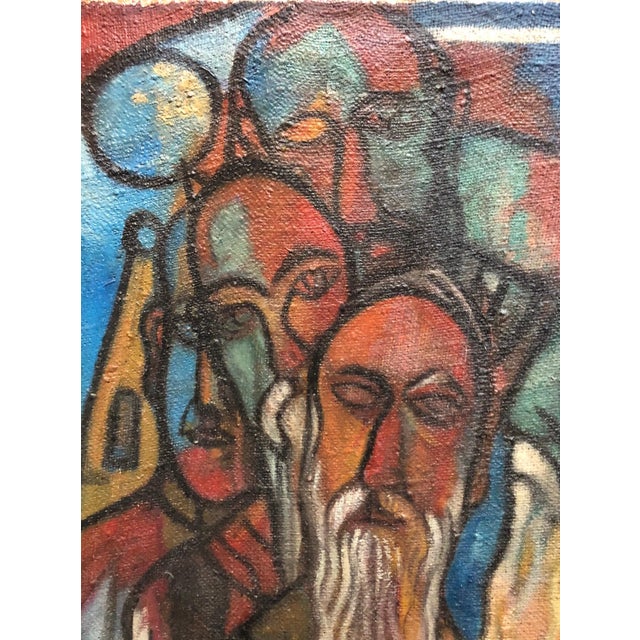 Modernist Judaica Oil Painting Blessing the New Moon, Jewish Prayer, c.1940 For Sale - Image 4 of 6