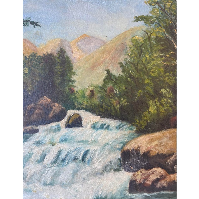 Traditional Vintage Signed River Landscape Painting by Tooie-Original Mid-20th Century Mountain Stream Scene on Board. For Sale - Image 3 of 10