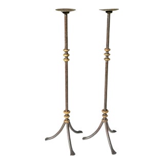 Vintage 30” Sculptural Iron Candlesticks With Aged Patina, Pair For Sale