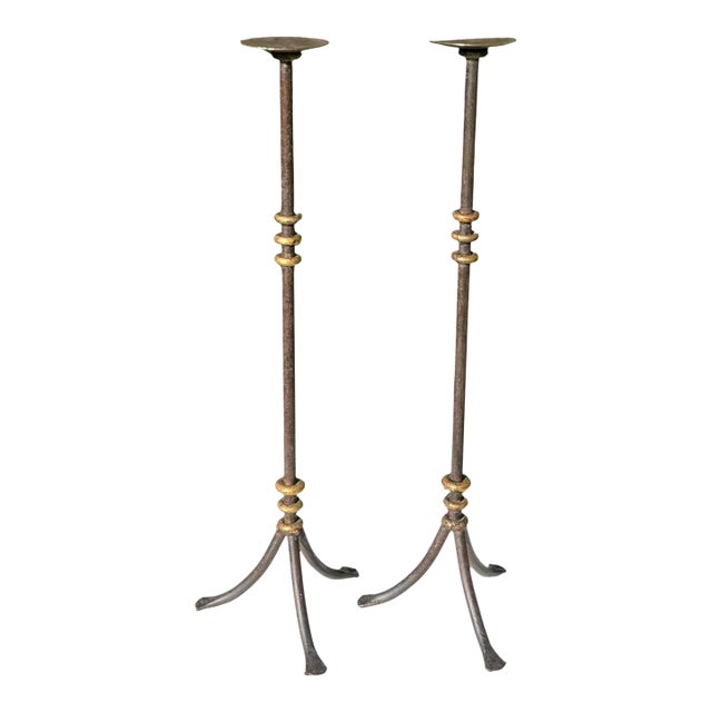 Vintage 30” Sculptural Iron Candlesticks With Aged Patina, Pair For Sale