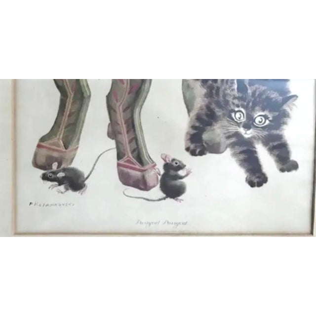 American Large Early Rojankovsky Print Titled -" Pussycat Pussycat," Cat, Dog, Mice and a Moravian Chair, Signed For Sale - Image 3 of 6