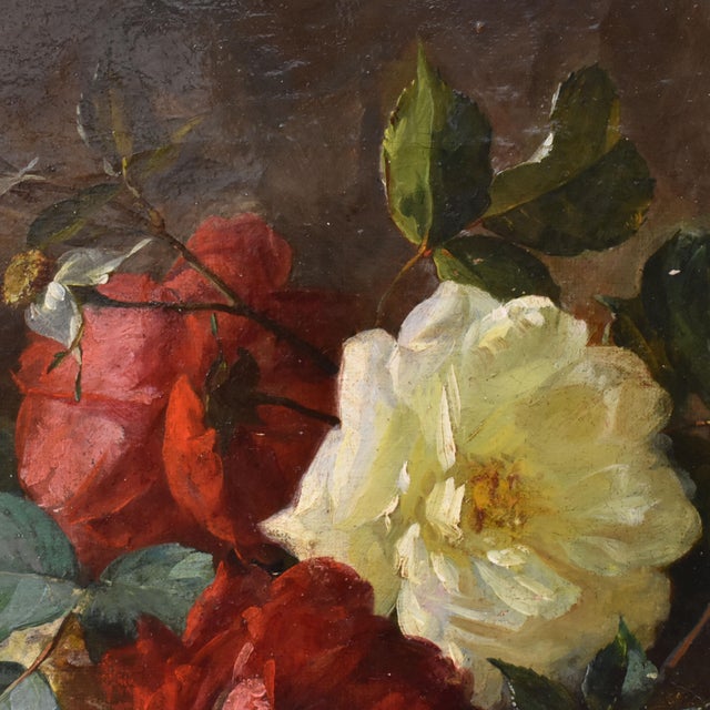 Jean-Marie Poy, Still Life Flowers Vase Red and White Roses, 1800s, Oil on Canvas For Sale - Image 6 of 11