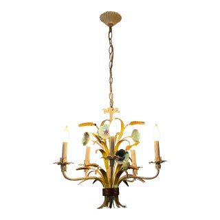 1970s Italian Mid-Century Tole Five Light Chandelier With Gathered Blue Flowers, Grasses and Wheat Stalks For Sale