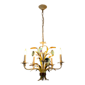 1970s Italian Mid-Century Tole Five Light Chandelier With Gathered Blue Flowers, Grasses and Wheat Stalks