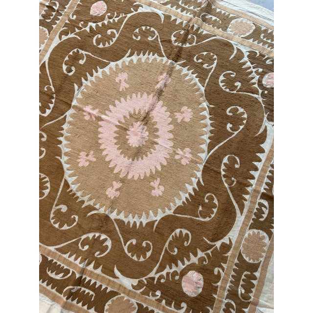 Beige Brown Cotton Suzani Square With Pink Medallion For Sale - Image 10 of 10