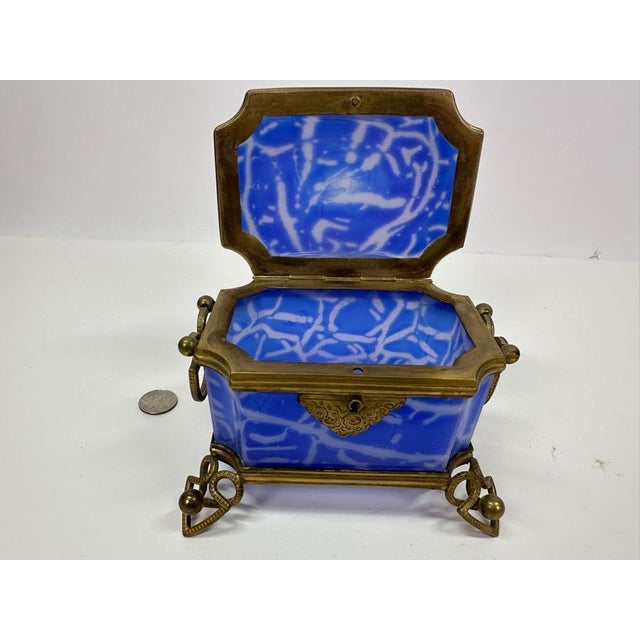 Metal 19th C French Opaline Blue & White Glass/Brass Ormolu Casket Trinket Box For Sale - Image 7 of 13