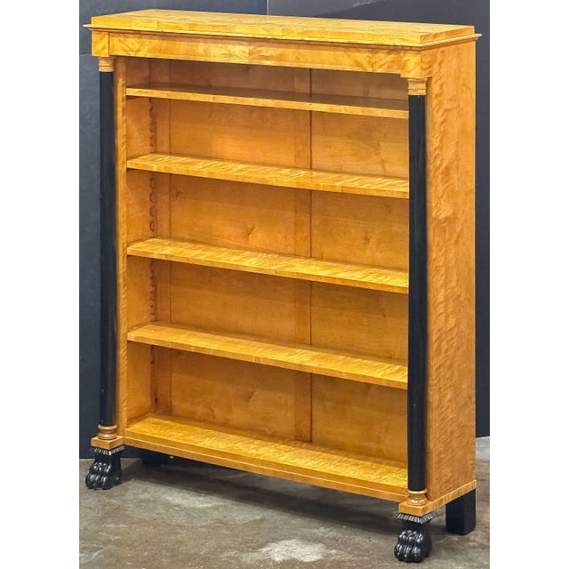 Biedermeier Open Bookcases of Curly Maple With Ebonized Columns - Two Available For Sale - Image 4 of 16