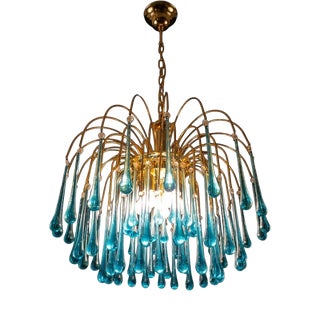 Vintage Gold Rain Chandelier with Handmade Murano Glass Blue Drop, Italy, 1960 For Sale