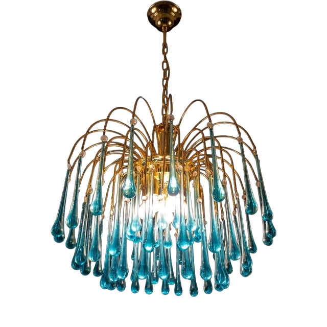 Vintage Gold Rain Chandelier with Handmade Murano Glass Blue Drop, Italy, 1960 For Sale