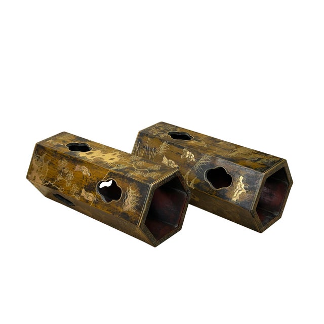 Gold Pair Chinese Matte Gold Scenery Hexagonal Display Wood Brush Pots Vase For Sale - Image 8 of 18