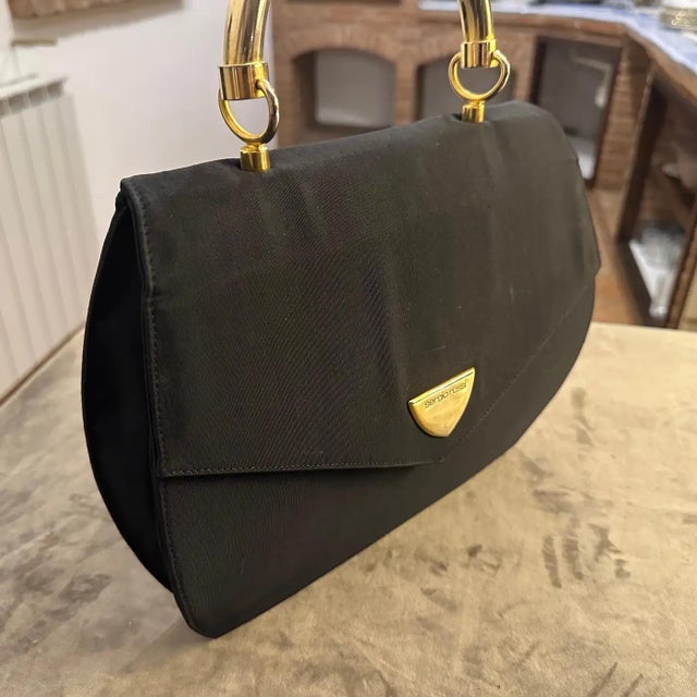 Sergio Rossi Elegant 1990s Black Fabric, Brass and Chromed Metal Hand-Bag by Sergio Rossi For Sale - Image 4 of 11