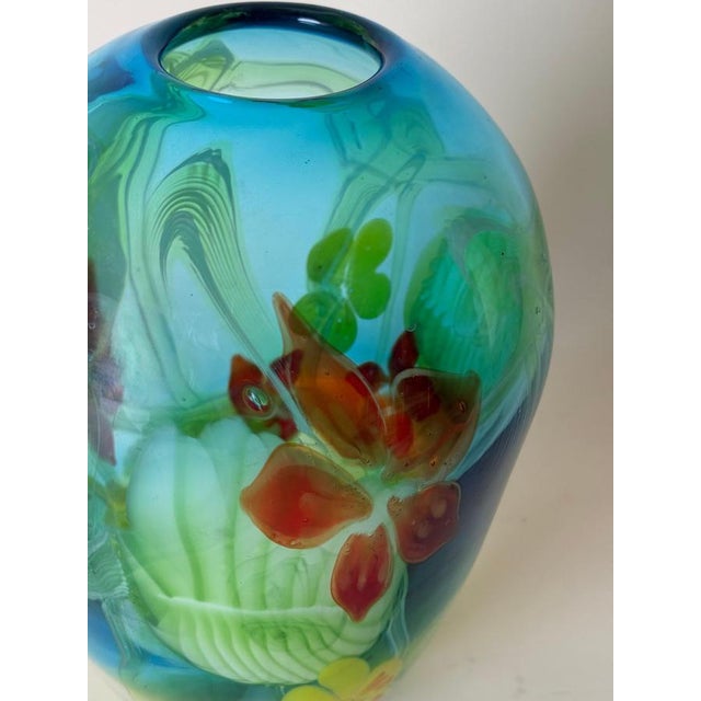 Glass Aquamarine Murano Glass Vase with Star-Shaped Florals by Berit Johansson, 1980s For Sale - Image 7 of 18