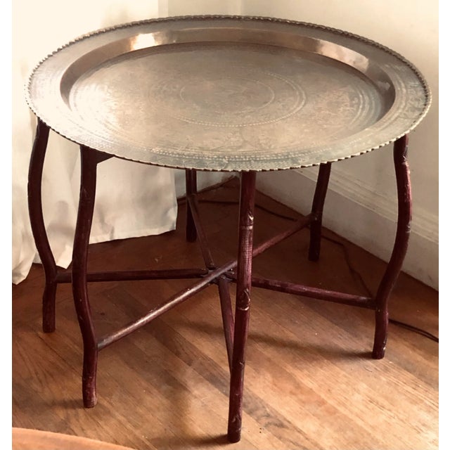 Asian Engraved Brass Tray Folding Table For Sale In San Francisco - Image 6 of 7
