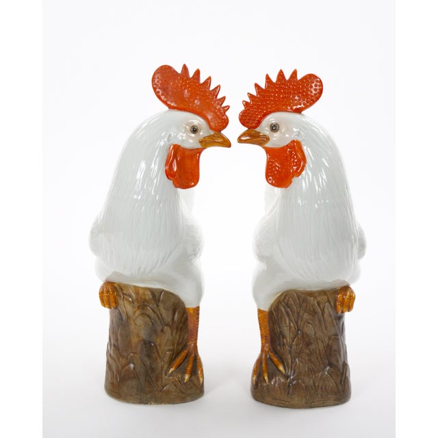 Chinese Large Pair of 1930's Chinese Porcelain Rooster Figures / Polychrome Decoration For Sale - Image 3 of 11