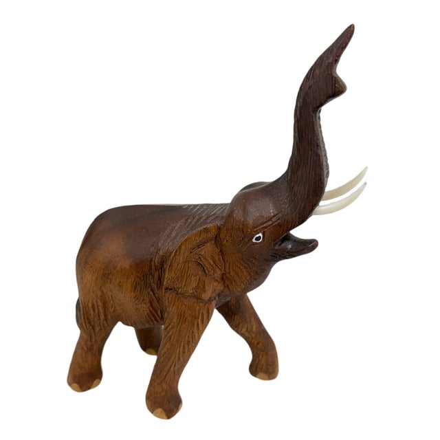 Vintage Hand Carved Wooden Elephant Figurine - Trunk Up Lucky Elephant Statue - Mid Century Modern Boho Folk Art Sculpture...