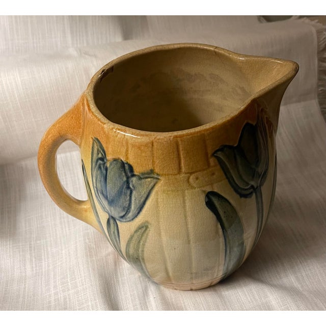 Antique 1910s Attributed to Roseville Early Ware Art Pottery Ceramic Pitcher W/ Blue Tulips For Sale - Image 11 of 11