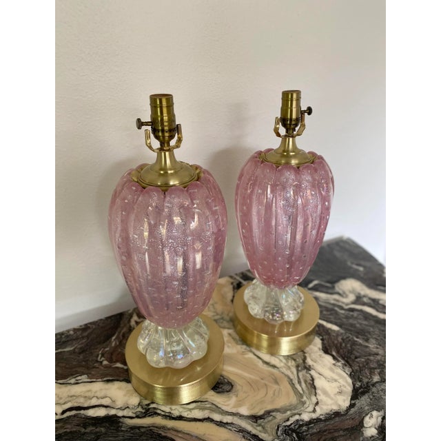 Art Deco Vintage 1950s Venetian Glass Murano Ballerina Lamps in Pink With Brass Accents - a Pair For Sale - Image 3 of 13