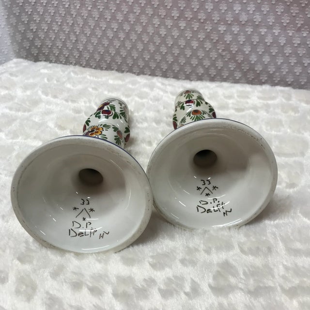 White Pair of Vintage Delft Polychomatic Floral Candlestick Holders For Sale - Image 8 of 10