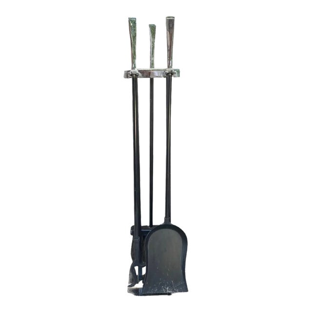 Mid 20th Century Chromed Handled and Iron Modern Fireplace Tool Set For Sale