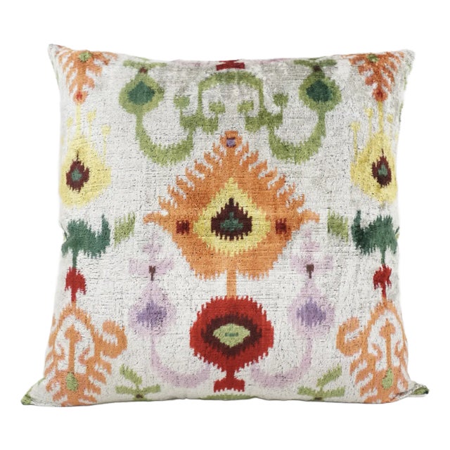 Square Silk Velvet Accent Ikat Pillow For Sale