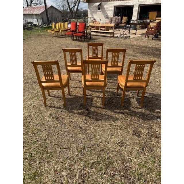 Classic set of Six dining Neoclassical Style Leather chairs solid sycamore, the wood has been finished with a lustrous...