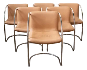 1970s Mid-Century Modern Saporiti Tubular Chrome and Leather Italian Armchairs - Set of 6