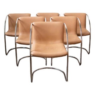 1970s Mid-Century Modern Saporiti Tubular Steel Chrome and Leather Italian Armchairs - Set of 6 For Sale