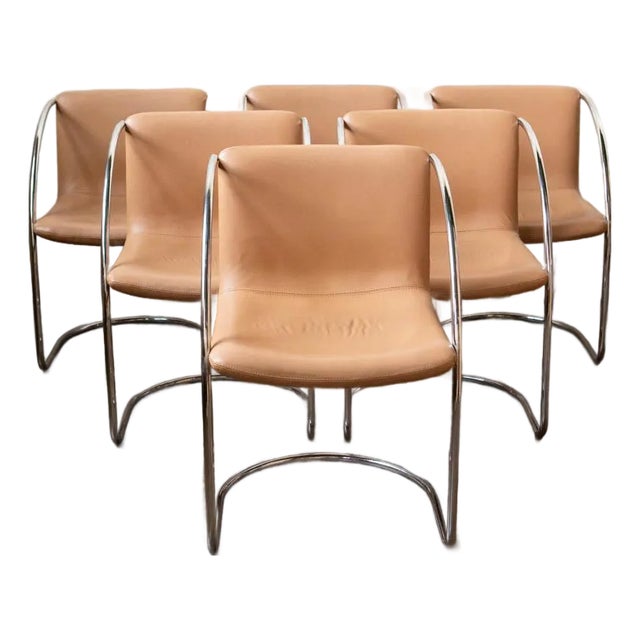 1970s Mid-Century Modern Saporiti Tubular Steel Chrome and Leather Italian Armchairs - Set of 6 For Sale