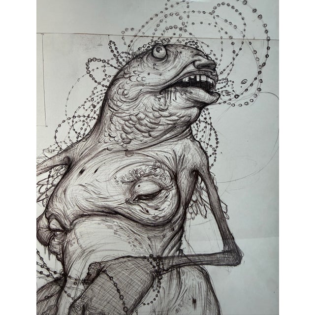 2000 - 2009 Original 2009 Ekundayo Pop Surrealism Pen Ink Grace Graphite Fish Drawing Sketch For Sale - Image 5 of 15