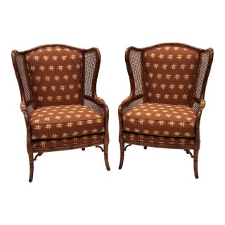 Ethan Allen Faux Bamboo and Cane Wing-Back Chairs Pair For Sale