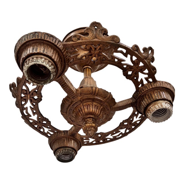 1920s Cast Metal Art Deco Flush-Mount Ceiling Fixture – 12" Diameter For Sale