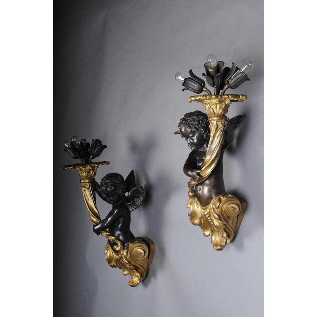Putti Wall Lights in Bronze Gilded, 1870, Set of 2 For Sale - Image 12 of 18