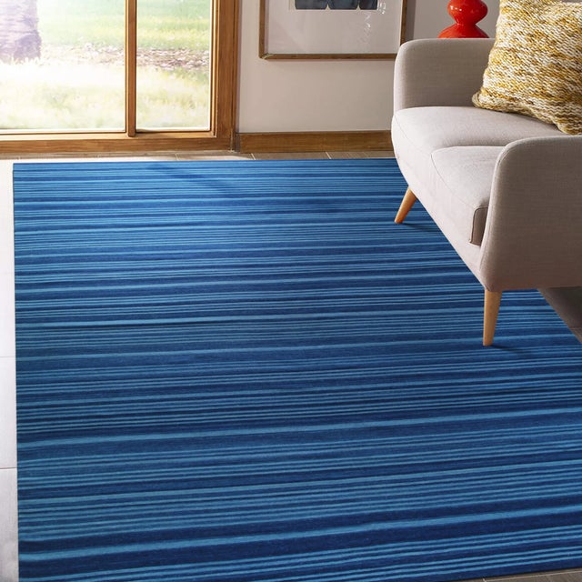 Royal Blue 8x10 Para Penelope Blue Stripe Geometric Flatweave Wool Carpet Rug For Sale - Image 8 of 8
