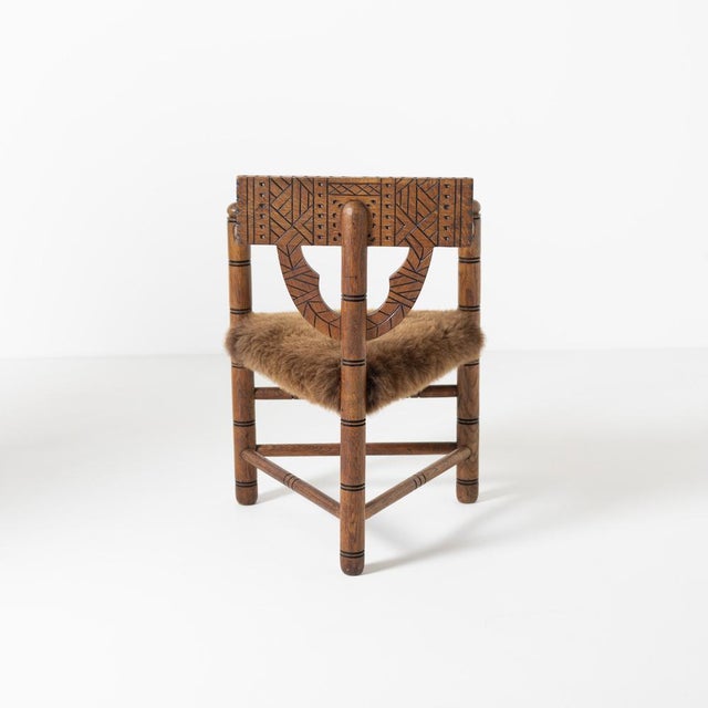 1960s Hand-Carved Monk Chair with Brown Sheepskin Upholstery, Sweden, 1960s For Sale - Image 5 of 9