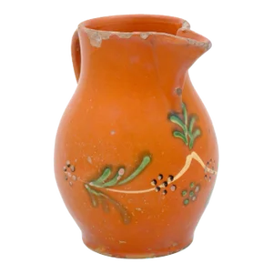 19th Century French Redware Floral Pitcher with Orange, Cream and Green Glaze