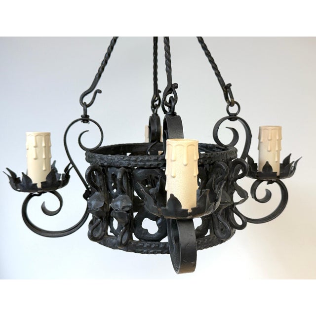 Addison Mizner Style Spanish Colonial Wrought Iron Four-Light Chandelier For Sale - Image 4 of 18