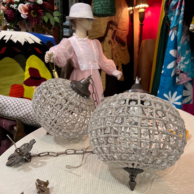 Hollywood Regency Pair of 1970s Round Hollywood Regency Crystal and Bronze Pendant For Sale - Image 3 of 7