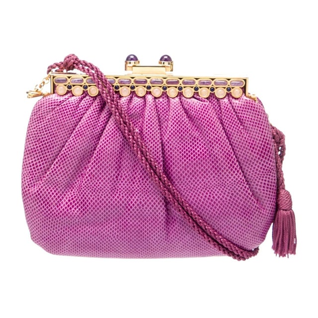 Art Deco 1990s Judith Leiber Karung Snakeskin Amethyst Rose Quartz Gemstones Day Evening Shoulder Handbag For Sale - Image 3 of 10